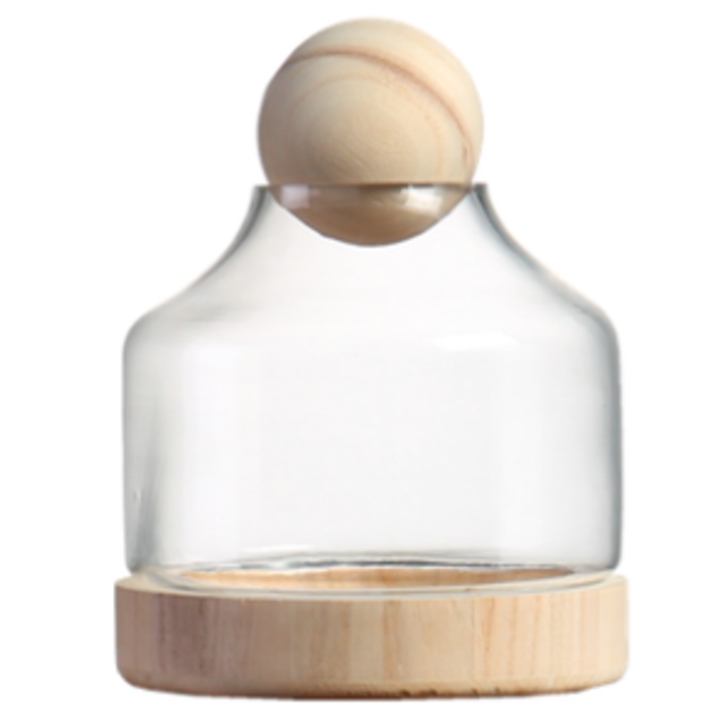 TERRA POTS Glass Jar w Wood Base Ball Top (26 x 19cm)