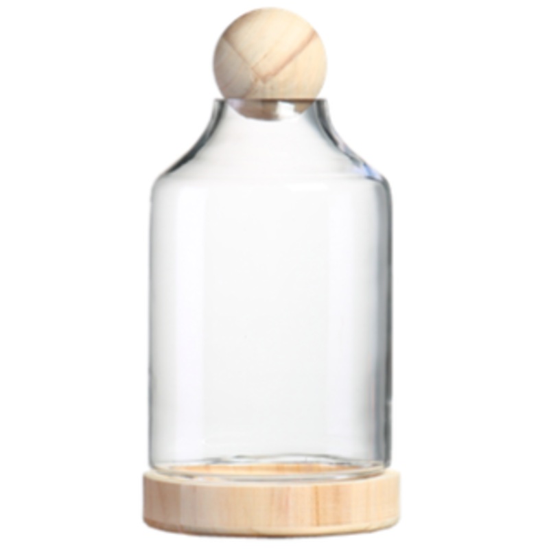TERRA POTS Glass Jar w Wood Base Ball Top (35 x 18cm)