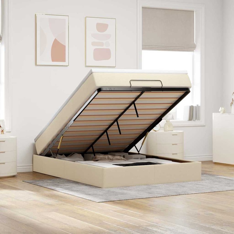 Cadre de lit ottoman avec matelas crme 140x200 cm tissu