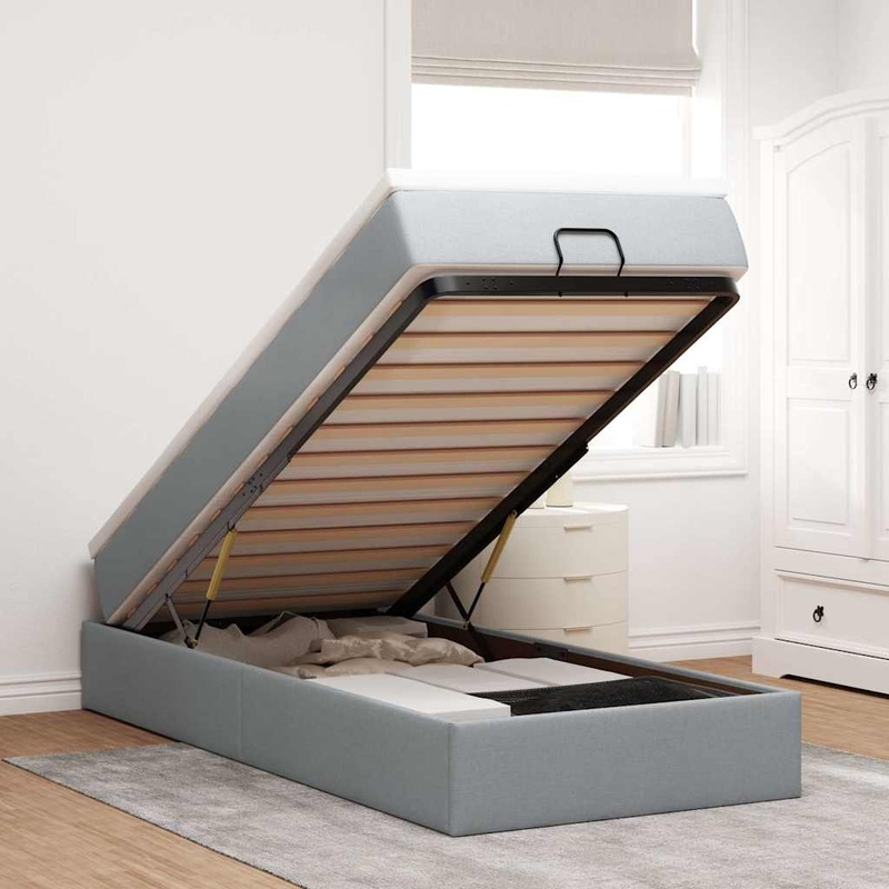 Cadre de lit ottoman avec matelas gris clair 80x200 cm tissu