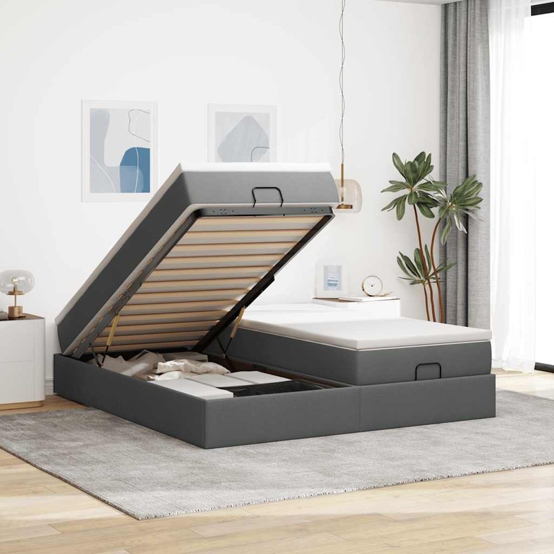 Cadre de lit ottoman avec matelas gris fonc 200x200cm tissu