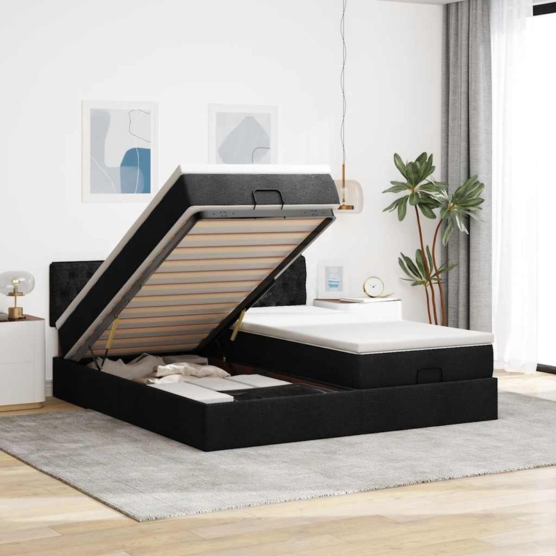 Cadre de lit ottoman avec matelas noir 180x200cm tissu
