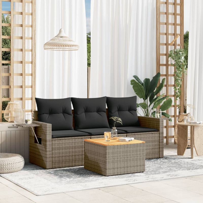 Salon de jardin 4 pcs avec coussins gris rsine tresse