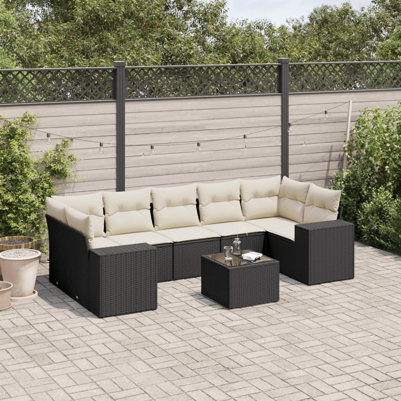 Salon de jardin 8 pcs avec coussins noir rsine tresse
